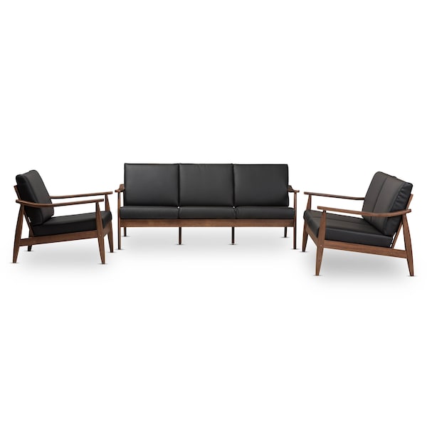 Baxton Studio Venza Walnut Wood Black Faux Leather 3-Piece Livingroom Set 140-7552-7553-7554 - main